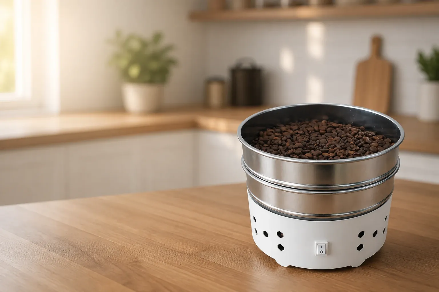 Ceramic-white active coffee bean cooling unit with stainless-steel perforated layers, filled with freshly roasted coffee beans, positioned on a wooden kitchen countertop in a bright modern kitchen.