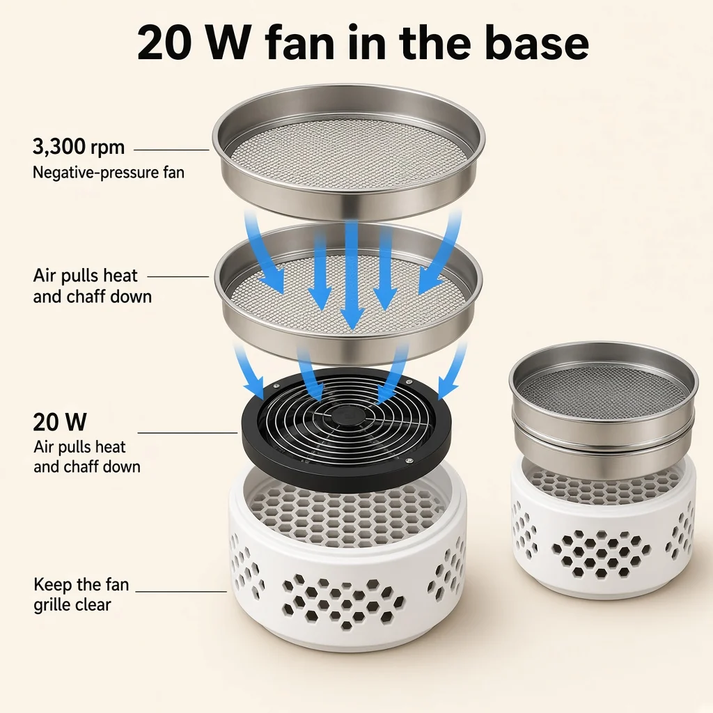 20 W fan in the base at 3,300 rpm