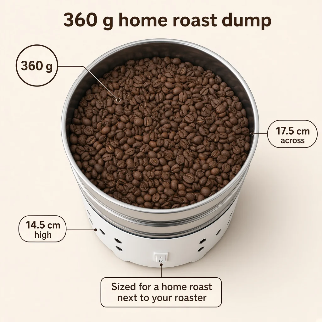 360 g home roast dump, 17.5 cm across